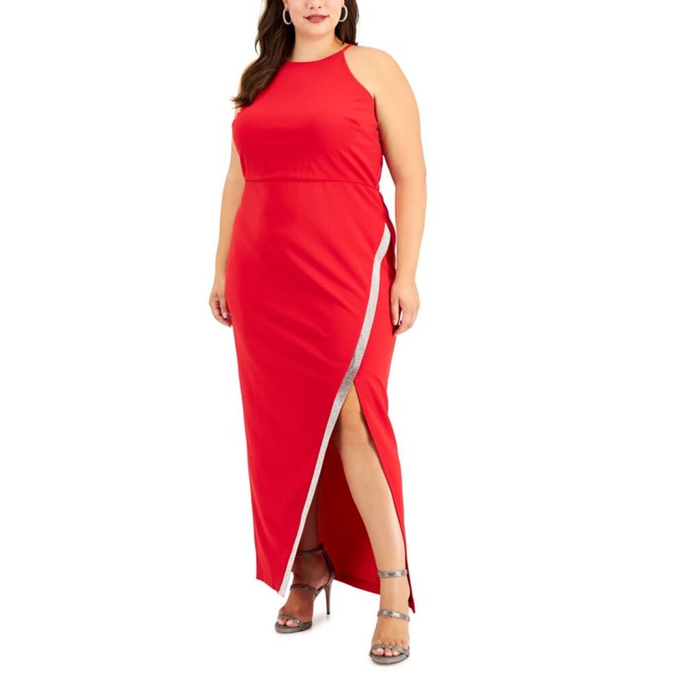 Bcx Trendy Plus Size Rhinestone Bias Slit Gown
